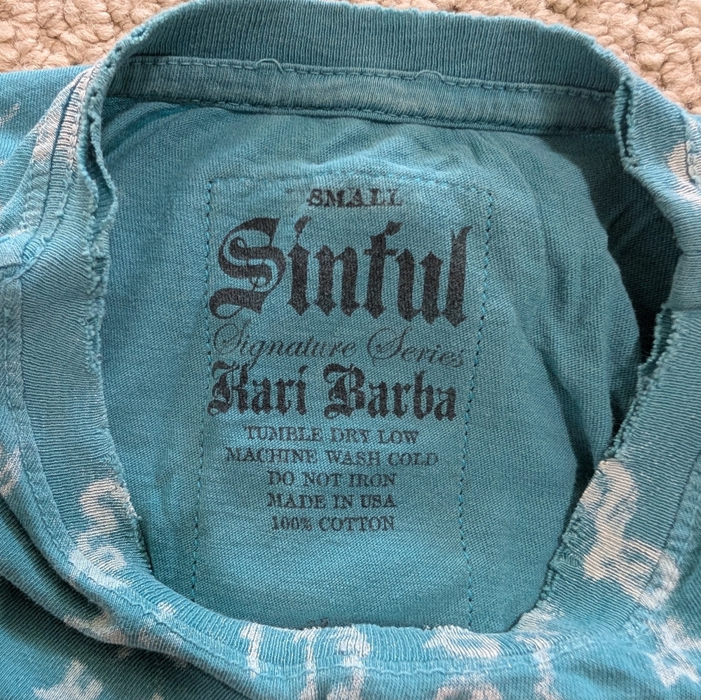 Sinful by Affliction Signature Series by Kari Barba Blue Crane Distressed Shirt - Picture 3 of 3